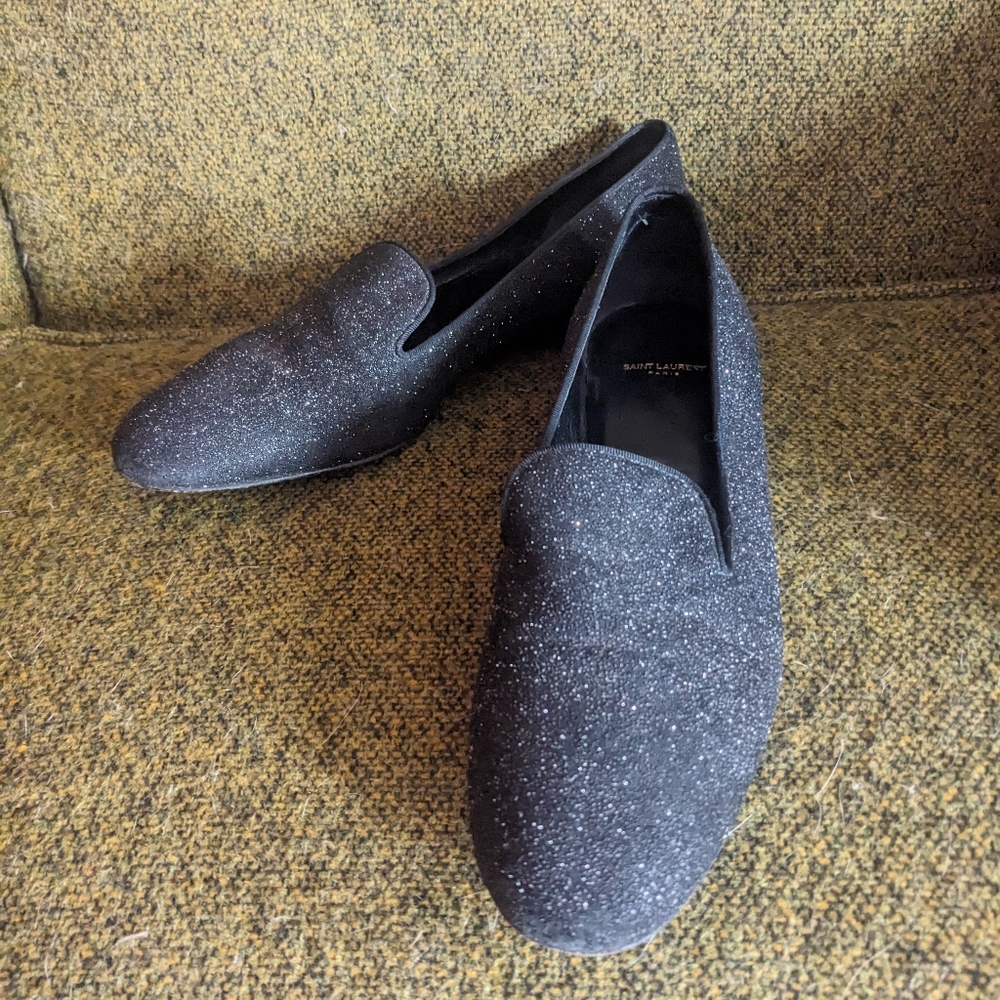 Yves Saint Laurent Black Glitter Smoking Slippers